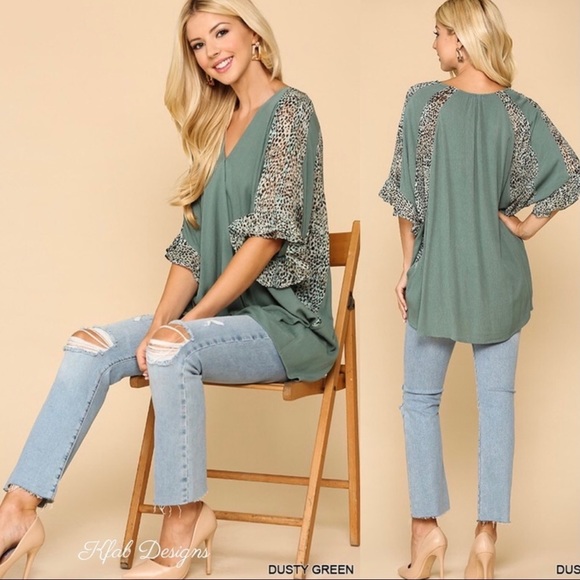 Sage Green Leopard Detail Surplice Front Twist Top - Picture 4 of 6